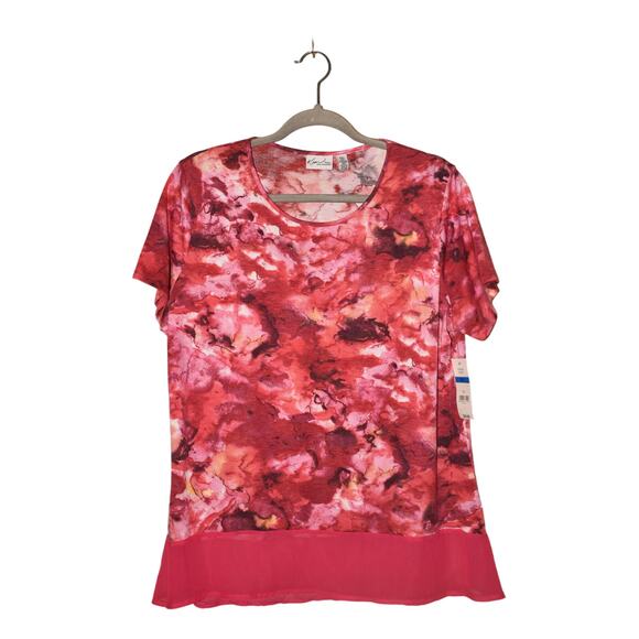 KIM‎ ROGERS NEW $34 Pink Abstract Short Sleeve Top Woven Hem PXL - Picture 1 of 3